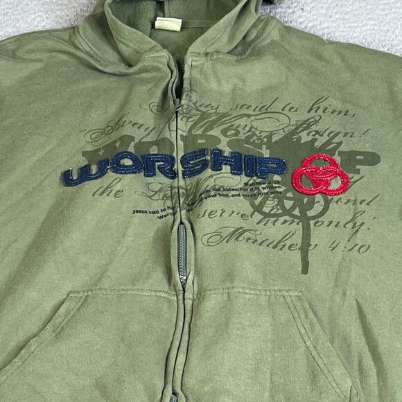 Worship Sweatshirt Jesus Mens XL Green Full Zip Sweater Mathew 4:10 Double Sided - Picture 4 of 12